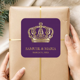 Adesivo Quadrado Favor de Casamento Coroa de Ouro Roxo Real