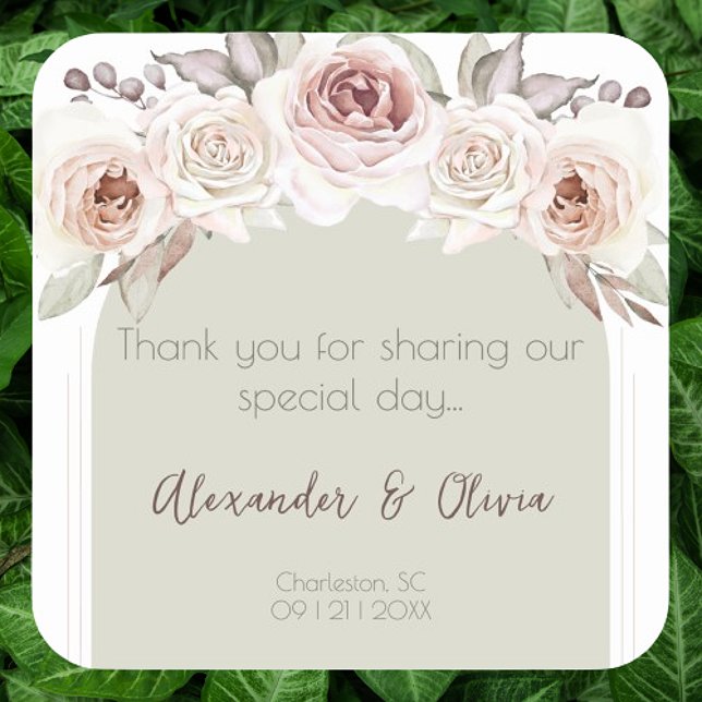 Adesivo Quadrado Favor de Casamento de Arch Rosa boêmia (Bohemian Rose Arch Wedding Favor Sticker)