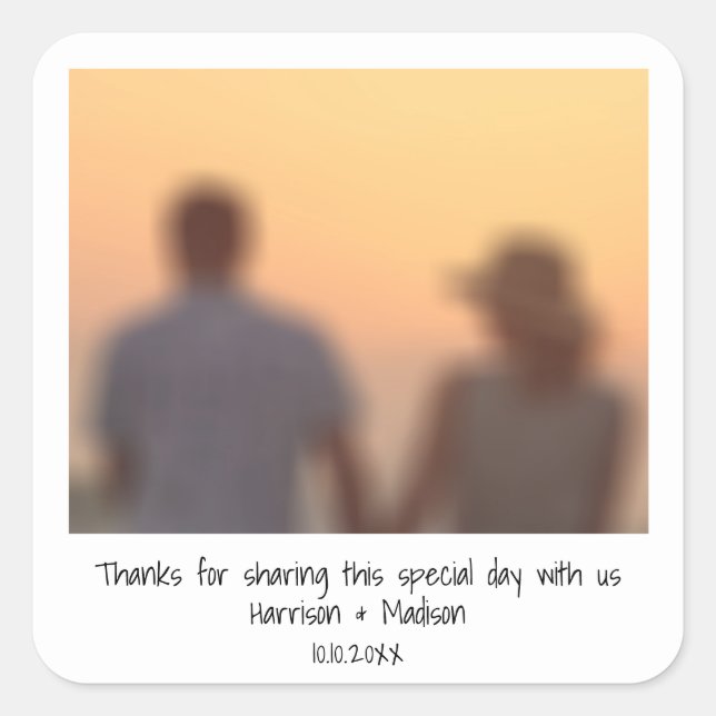 Adesivo Quadrado Favor de casamento de nomes de fotos instantâneas  (Frente)