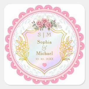 Adesivo Quadrado Favor de casamento de rosa floral cor-de-rosa vint