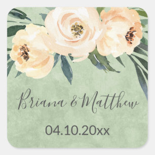 Adesivo Quadrado Favor de casamento flores bege verde
