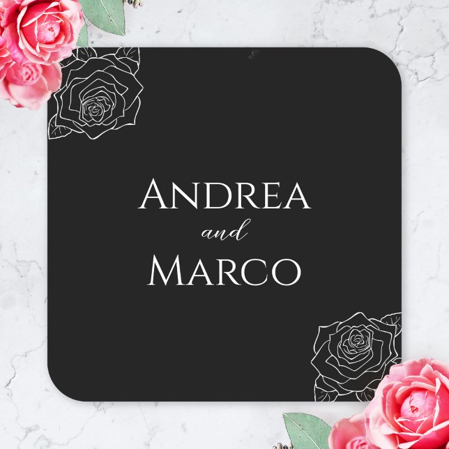 Adesivo Quadrado Favor De Casamento Gótico De Rosa Negra E Branca (gothic wedding sticker)