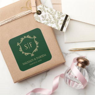 Adesivo Quadrado Favor de casamento Monograma Vintage Green Gold Cr
