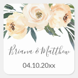 Adesivo Quadrado Favor de casamento quadrado bege floral branco