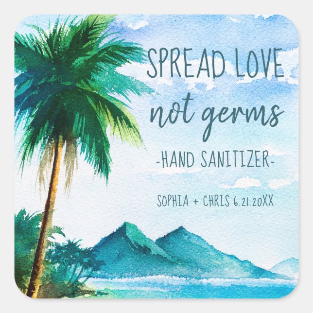 Adesivo Quadrado Favor de Casamento Tropical Beach Spread Love (Frente)