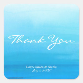 Adesivo Quadrado Favor de Casamento Tropical Praia Aquarela Azul