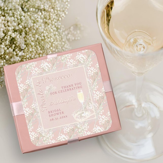 Adesivo Quadrado Favor de Chá de Bebê Pearls & Prosecco Babys Breat (Criador carregado)