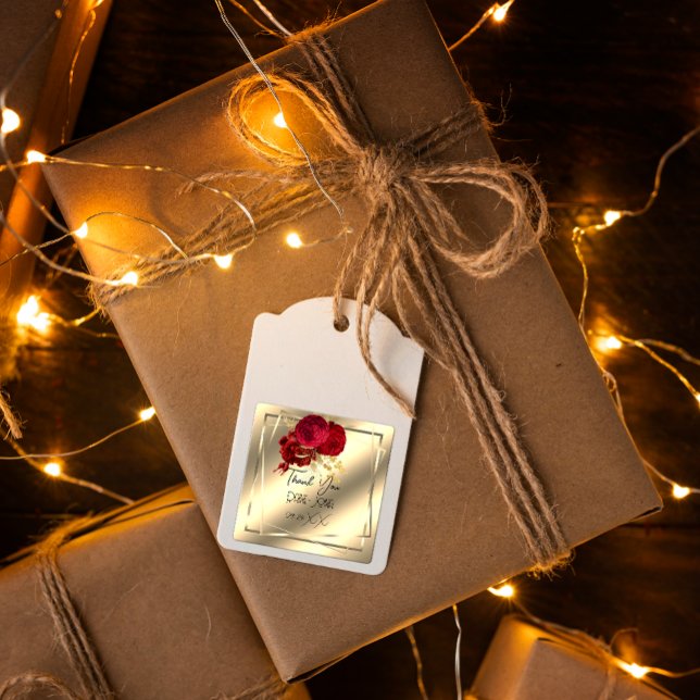 Adesivo Quadrado Favor de Chá de Noiva Floral Vermelho Dourado (Criador carregado)