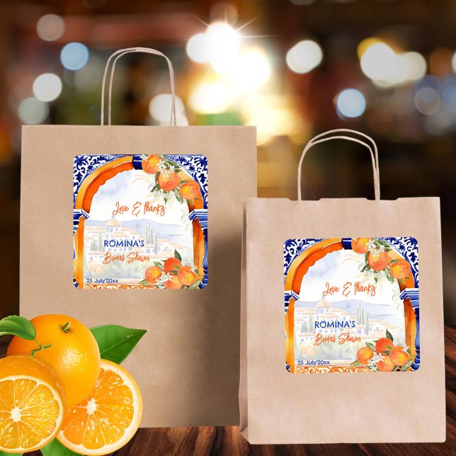 Adesivo Quadrado Favor de chuveiro de noiva azul laranja azulejo es (Orange blue azulejo citrus summer Spanish bridal shower thank you favor Sticker template)