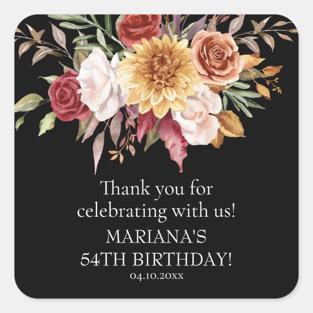 Adesivo Quadrado Favor de Festa de aniversário Preta de Folhagem de (Frente)