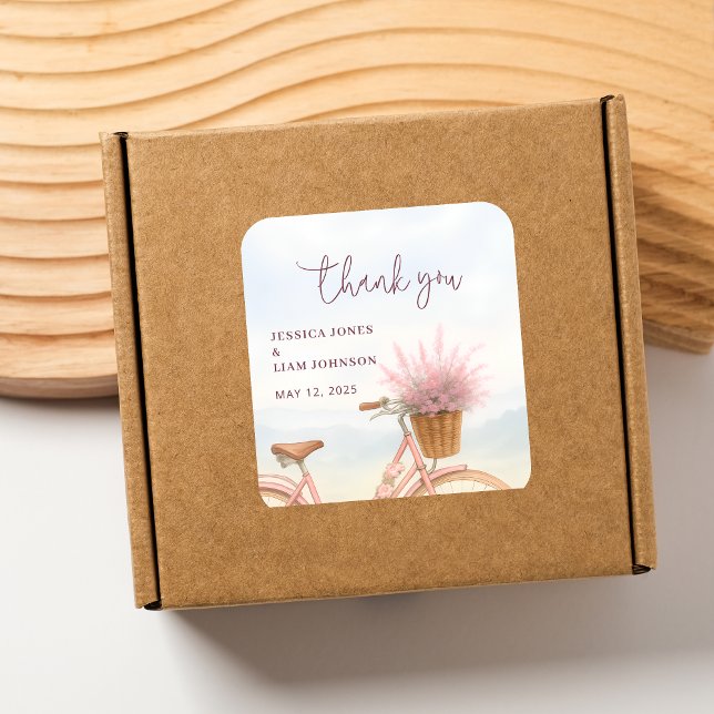 Adesivo Quadrado Favor de festa de noivado de bicicleta antiga Obri (Vintage Bicycle Engagement Party Favor Thank you Square Sticker)