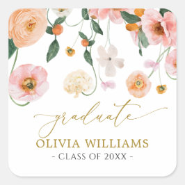 Adesivo Quadrado Favor de Graduação Floral Papoula Rosa