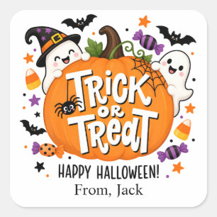 Adesivo Quadrado Favor de Halloween de Abóbora Tratamento de Sala