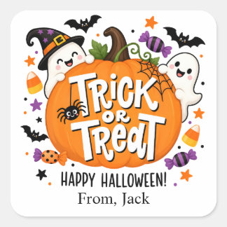 Adesivo Quadrado Favor de Halloween de Abóbora | Tratamento de Sala