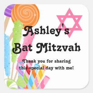 Adesivo Quadrado Favor de Mitzvah do bastão do tema dos doces