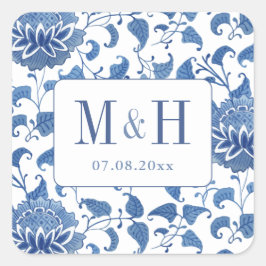 Adesivo Quadrado Favor de Monograma de Casamento Azul e Branco Eleg