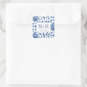 Adesivo Quadrado Favor de Monograma de Casamento Azul e Branco Eleg