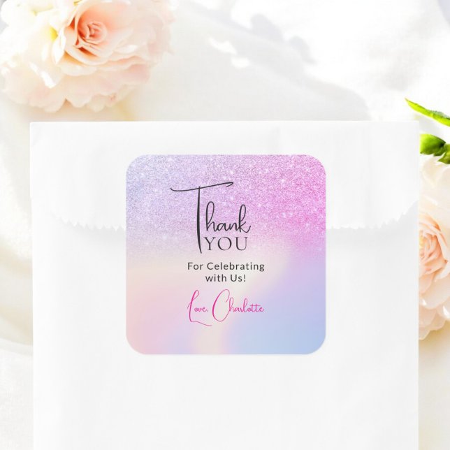 Adesivo Quadrado Favor de Noiva Brilho Rosa Roxo Agradecimento (Pink Purple Glitter Bridal Shower Favor Thank You Square Sticker)