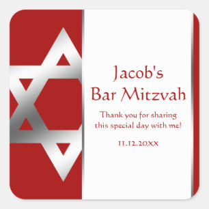 Adesivo Quadrado Favor de prata vermelho de Mitzvah do bar da