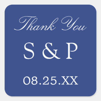 Adesivo Quadrado Favor do Casamento Azul Escuro Obrigado Sticker
