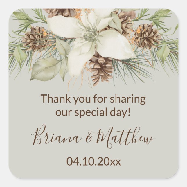 Adesivo Quadrado Favor do Casamento Elegante De Script Beige Winter (Frente)