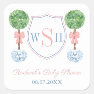 Adesivo Quadrado Favor do Chá de fraldas Clássico Monograma Monog