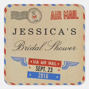 Adesivo Quadrado Favor do chá de panela do correio aéreo do vinta