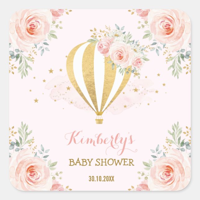 Adesivo Quadrado Favor do Partido Floral Rosa Rosa, Balão de Ar Que (Frente)