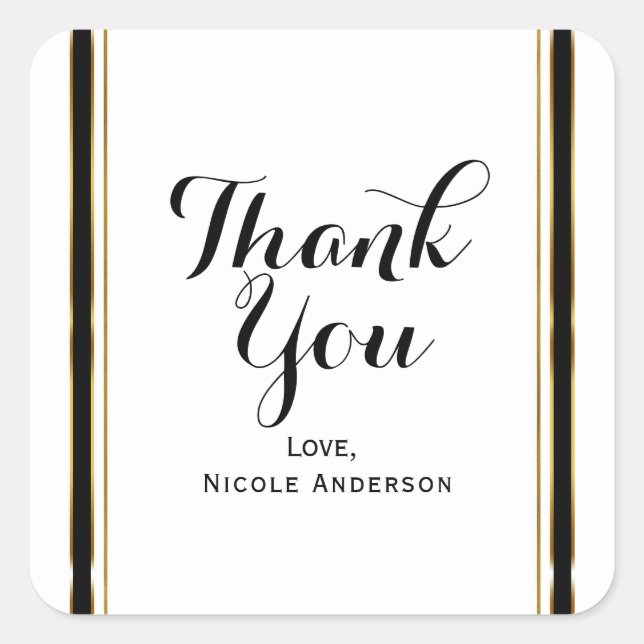 Adesivo Quadrado Favor Dourado de Casamento Elegante Preto e Branco (Frente)