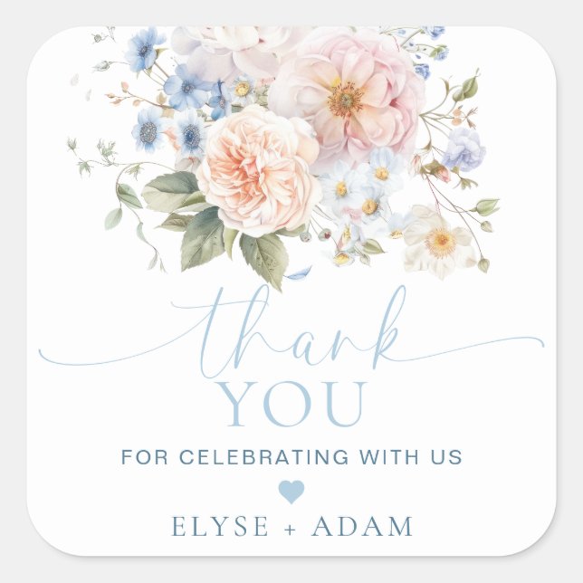 Adesivo Quadrado Favor Hargrove Azul Floral Obrigado (Frente)