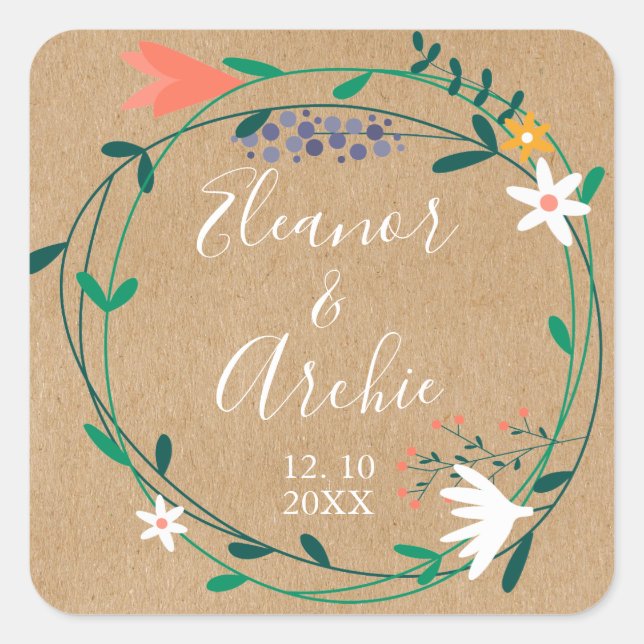 Adesivo Quadrado Favor Rustic Country Floral Garland Weding (Frente)