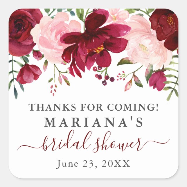 Adesivo Quadrado Favoritos de Noiva Floral Rosa Borgonha para Chá d (Frente)