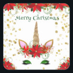 Adesivo Quadrado Favoritos para festas Verdes da Unicórn de Poinset<br><div class="desc">Favoritos para festas de natal Poinsettia Unicorn obrigado você em Verde para uma festa festiva de Férias.</div>