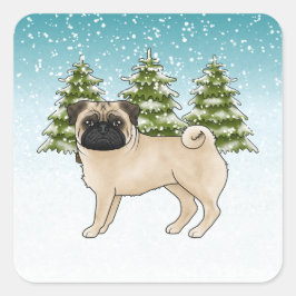 Adesivo Quadrado Fawn Pug Cute Cartoon Dog Snowy Winter Forest