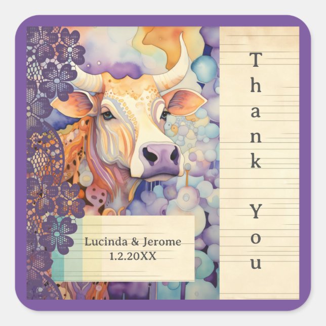 Adesivo Quadrado Fazenda Casamento Ox Vaca Obrigado (Frente)