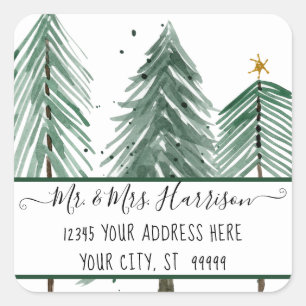 Adesivo Quadrado Fazenda de Árvore Natal Endereço de Aquarela Mod
