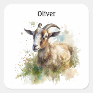 Adesivo Quadrado Fazenda de Cabra em Aquarela, personalizado