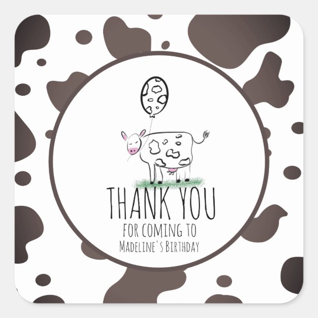 Adesivo Quadrado Fazenda De Vaca Festa de aniversário Animal Obriga (Frente)