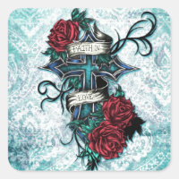 Fé no Amor, cruz e rosa no estilo da tatuagem.