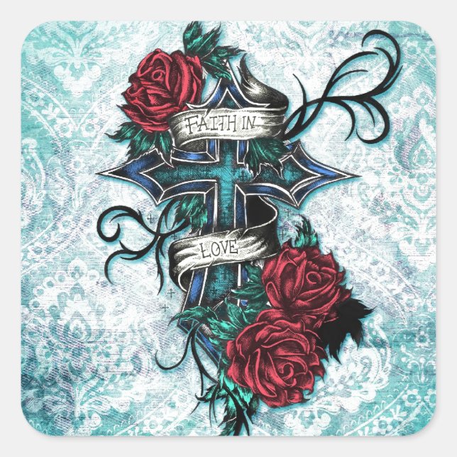 Adesivo Quadrado Fé no Amor, cruz e rosa no estilo da tatuagem. (Frente)