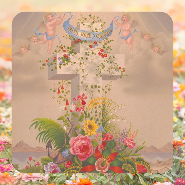 Adesivo Quadrado Fé Religiosa Esperança Caridade Floral Páscoa (Religious Christian Catholic Faith Hope Charity Floral Cross Christ is risen Easter Square Sticker)