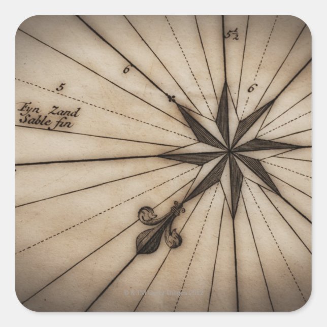 Adesivo Quadrado Fechar rosa de vento no mapa antigo (Frente)