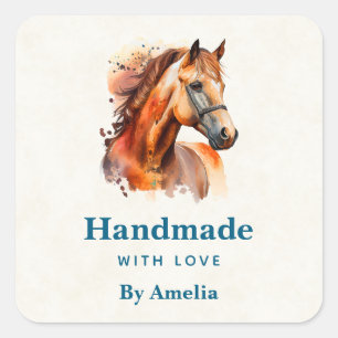 Adesivo Quadrado Feita à mão com amor belo Retrato Sorrel Horse