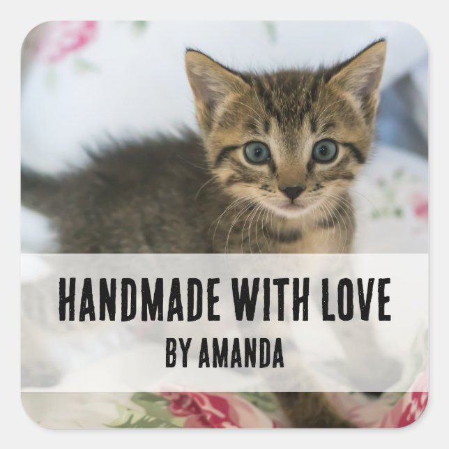 Adesivo Quadrado Feita à mão com amor belo Tabby Kitten Foto engraç (Frente)
