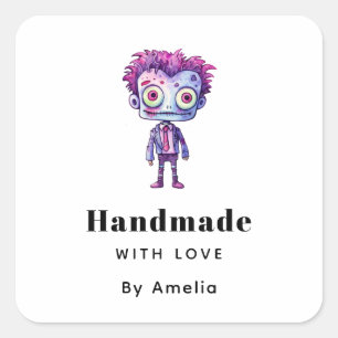 Adesivo Quadrado Feita à mão com amor engraçado monstro Frankenstei