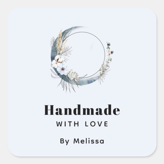 Adesivo Quadrado Feita à mão com amor, lua azul (Frente)