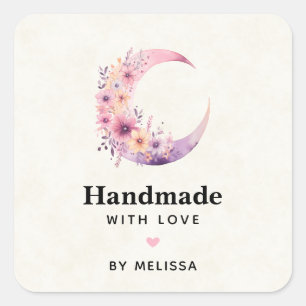 Adesivo Quadrado Feita à mão com amor, lua rosa