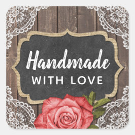 Adesivo Quadrado Feita À Mão Com Amor Madeira Rústica E Chalkboard 