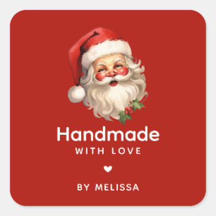 Adesivo Quadrado Feita à mão com amor Papai Noel Retro Natal