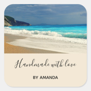 Adesivo Quadrado Feita à mão com amor Turquesa Azul Mar Tropical